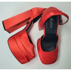 Red Satin Platform Heels Ankle Strap Chunky Shoes S 8‎ Ankis Mob Wife luxe